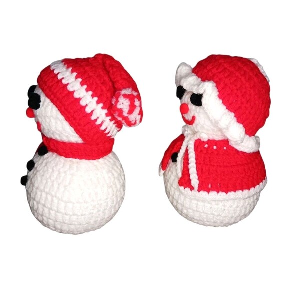 Vtg Handmade Hand Crochet Snowman & Snow Woman Christmas Figures Grannycore Set - Picture 2 of 4